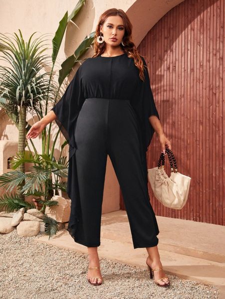 

plus ruffle trim batwing sleeve jumpsuit g12f#, Black