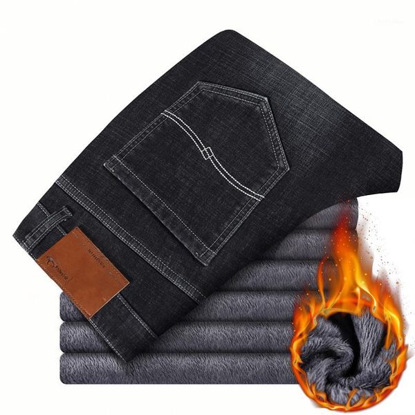 

plus size 42 44 46 winter men's thick warm jeans 2020 new business casual black stretch denim loose pants brand trousers1, Blue