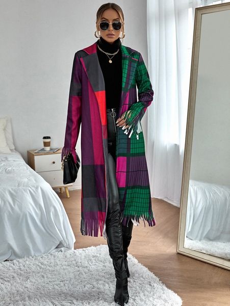 

plaid print colorblock fringe trim overcoat 66ku#, Black