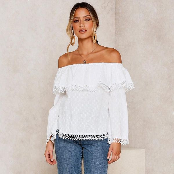 

autumn new style european and american fashion one-shoulder fringed t-shirt women, White