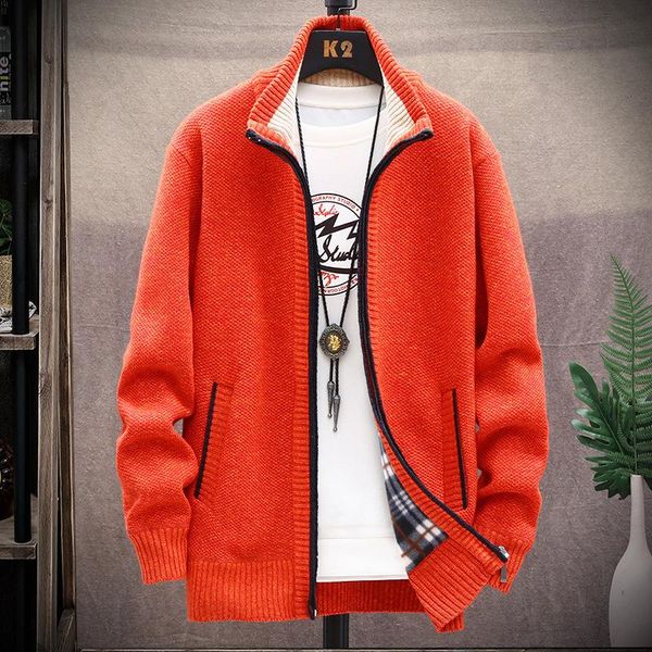 

men's knitting wool cardigan solid pocket zipper stand collar thick warm casual fashion large size male coat, White;black