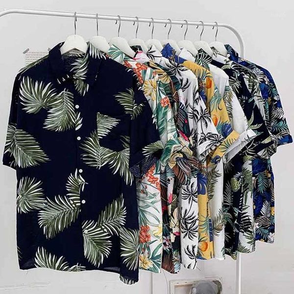 

floral shirt men 2019 men korean fashion short sleeve shirt male hawaiian shirts casual loose clothes oversize1, White;black