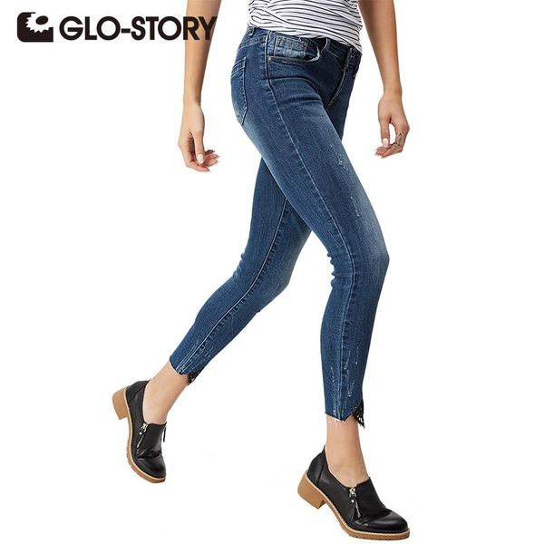 

glo-story women high waist jeans 2020 spring autumn skinny fashion casual female ripped jeans denim lace pencil pants wnk-3296, Blue