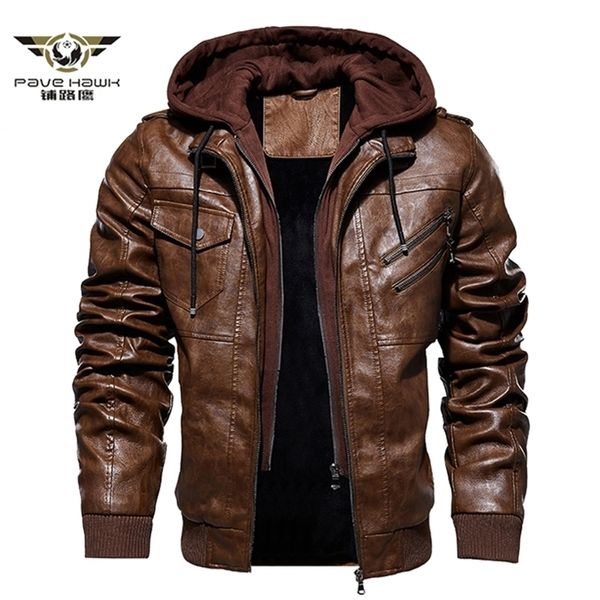 Jaquetas de couro de inverno dos homens negócio casaco casual motocicleta casaco de couro com capuz zíper Chaqueta Cuero hombre 201216