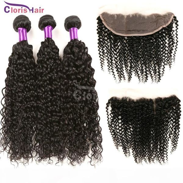 

kinky curly human hair extensions with full lace frontal 13x4 peruvian virgin curly swiss lace closures with 3 bundles natural weaves, Black