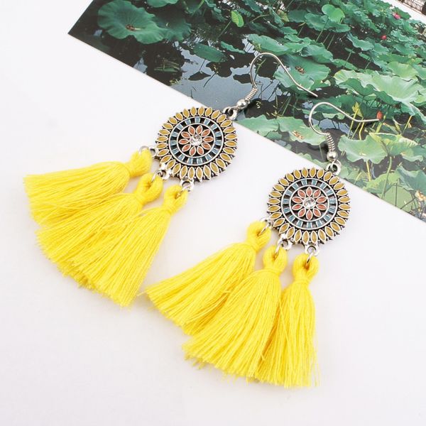 

sexemara large long yellow tassel earrings women statement flower fringe earrings boho ethnic party drop dangle earrings jewelry, Golden