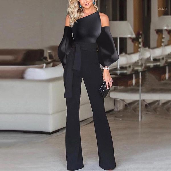 

women black jumpsuits skew collar lattern sleeve off shoulder female romper 2020 spring summer lace up ladies overall clothes1, Black;white