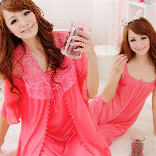 

2pcs silk satin nightgown night dress set for women summer lingerie nightdress sleepwear bathrobe femme two piece set, Black;red