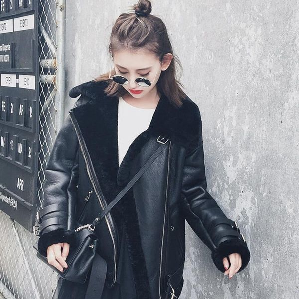 

women's leather & faux 2021 women lamb fur bomber real jacket sheepskin double face shearling coat oversized genuine, Black