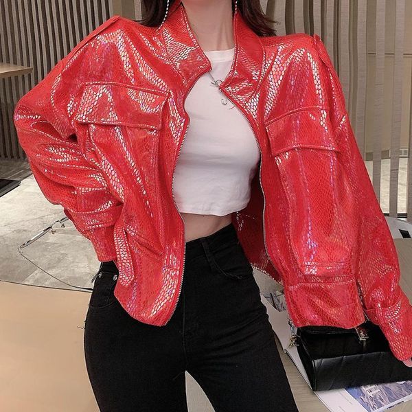 

hologram cool chic motobike long sleeveyuppie hip hop blink bling pu leather jacket preppy stylish jacket fish scale, Black;brown