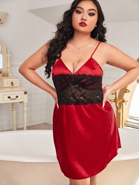 

plus contrast lace satin cami night dress x06o#, Black;white