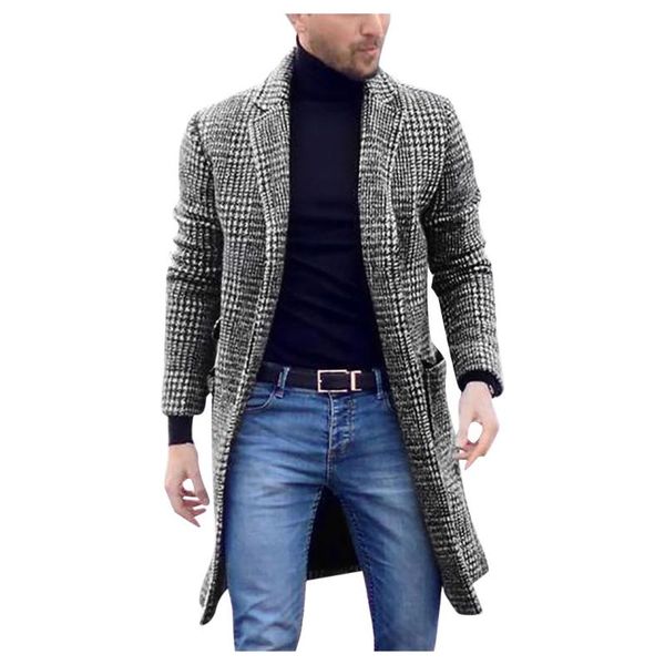 

men's wool & blends mens trench coat jacket cardigan plaid print men casual winter fashion hounstooth gentlemen long outwear#g4, Black