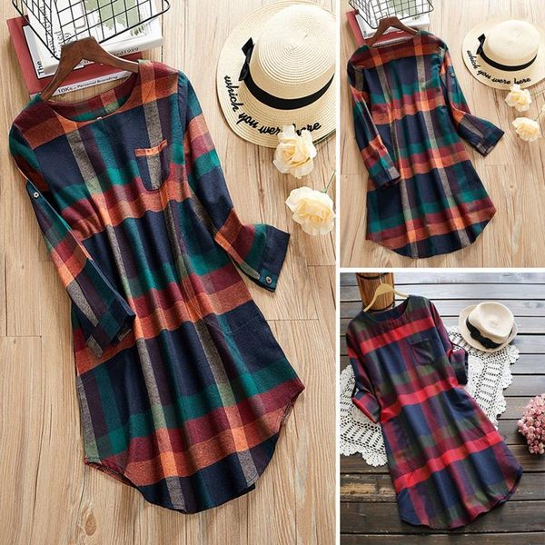 

women plaid and blouse ladies o neck long sleeve loose pocket blouse female casual tunic plus size shirts ladies shirt, Black;gray