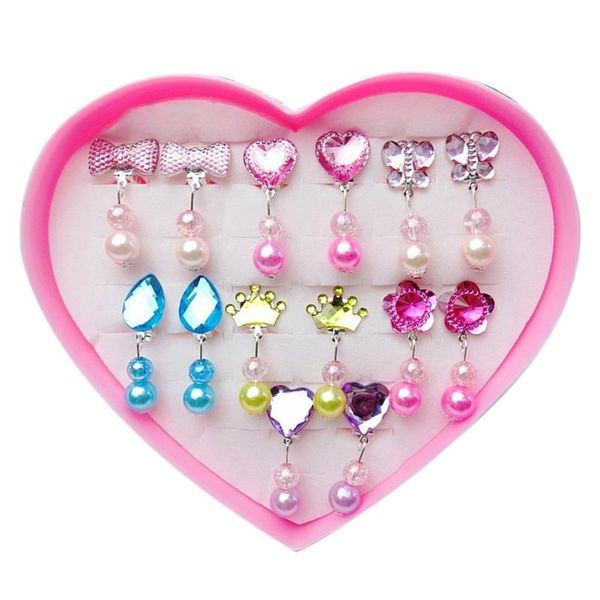 

7 pairs earrings girls faux pearl ear clip non piercing princess jewelry dangle storage box, Pink;blue