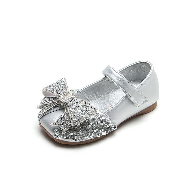 

girls leather shoes princess bow spring new non-slip soft bottom wear-resistant little baby sequined children' shoes, Black;grey
