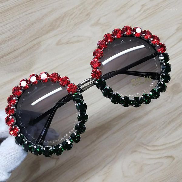 

oversized round rhinestone sunglasses for women retro vintage inspired style uv400 lens glasses red green diamond1, White;black