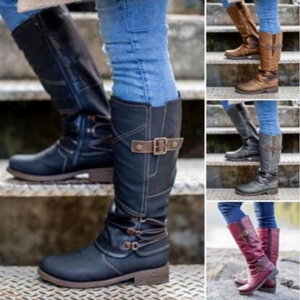 

women knee high boots chaussure low heels booties plus size gladiator pu leather knight shoes woman zapatos mujer sapato d19161, Black