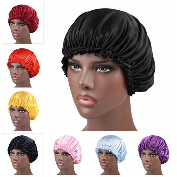 

silk lace shower cap women's monochrome nightcap lace hair care hat satin sleep cap hair beauty elastic bath caps yhm172-1, Yellow