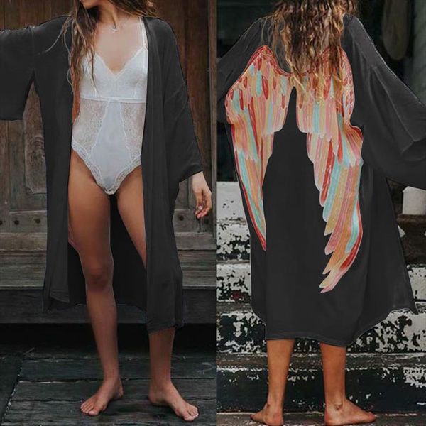 

women kimono cardigan 2020 summer celmia plus size back wings print long shirts casual sleeve blouse beach cover up, White