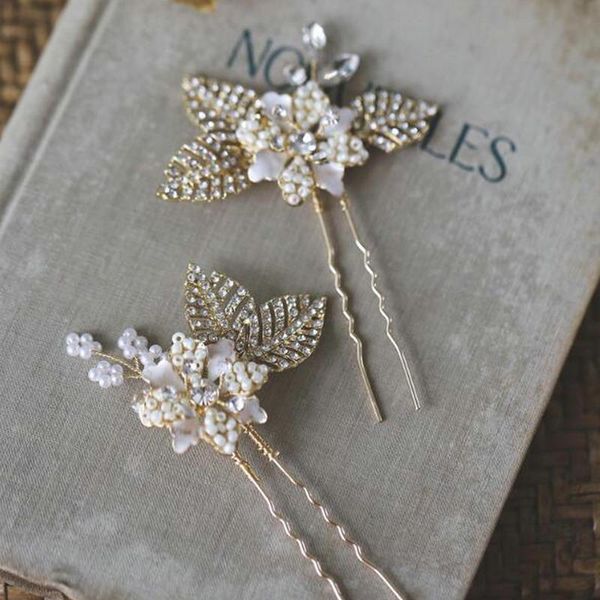 

luxurious bridal hairpin set gold leaves rhinestone bridal wedding hair accessories, Golden;silver