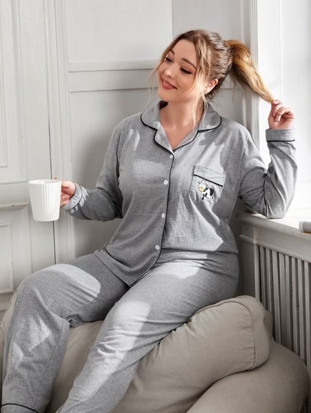 

plus letter and cow print contrast piping & pants pj set 43gt#, Black;white