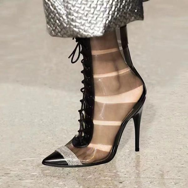 

2021 new glass glue hollow strass pointed to sandals women's shoes autumn model boots o4dr, Black