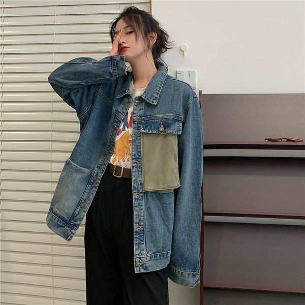 

ewq] 2021 spring female stand collar single breasted long-sleeved minimalist patchwork denim jacket cardigan coat 8q722, Black;brown