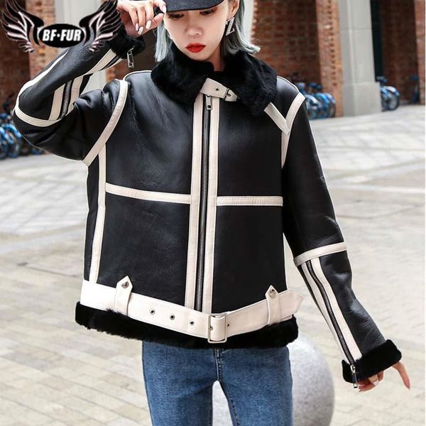 

women's fur & faux bffur genuine leather real coat ladies zipper locomotive merino wool liner 2021 winter soft high-end belt jacket wom, Black