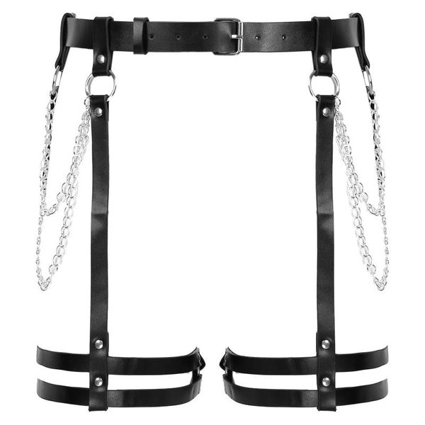 

womens gothic moto adjustable rave party costumes faux leather waist chains belt leg harness thigh garters cosplay clubwear, Black;brown