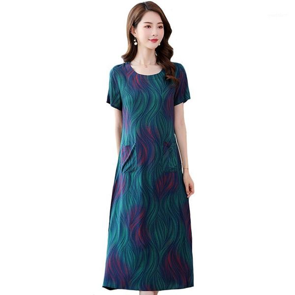 

2020 summer flowers print long dress women casual o-neck short sleeve women vintage dress elegant sundress plus size1, Black;gray