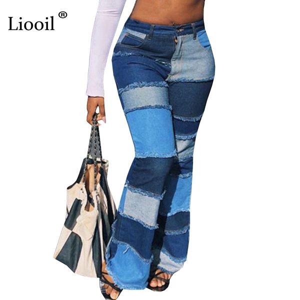 

liooil color block high waist flare jeans with pockets streetwear trousers bell bottoms skinny patchwork denim jean pants, Blue