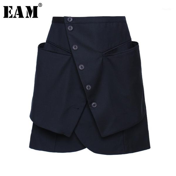 

eam] high waist dark blue button split joint temperament half-body skirt women fashion tide new spring summer 2020 1u8631, Black