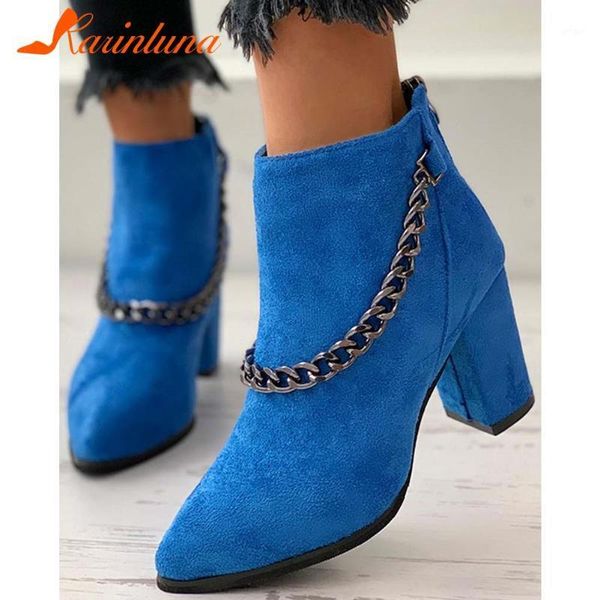 

karin big size 35-43 ladies office concise fashion boots pointed toe square high heels chain women boots ankle women shoes1, Black
