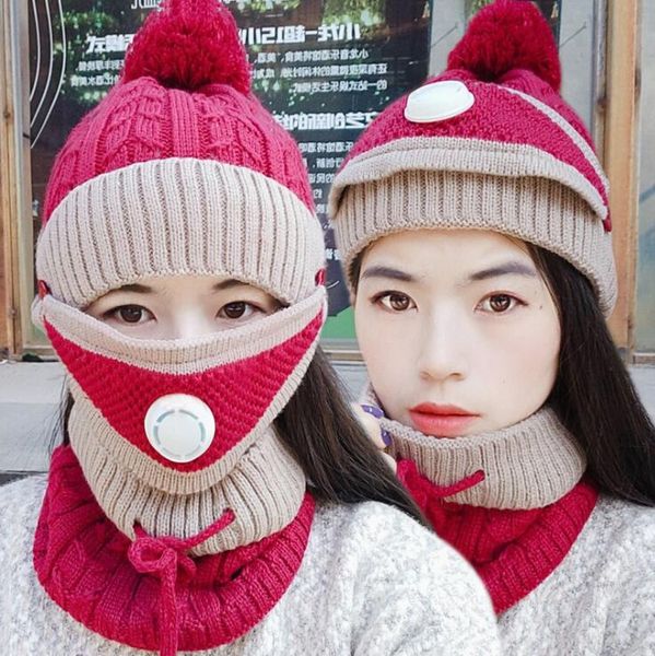 

cycling hat women winter wool warm knitted hat plus velvet thick wind and cold ear protection collar gd1014, Blue;gray