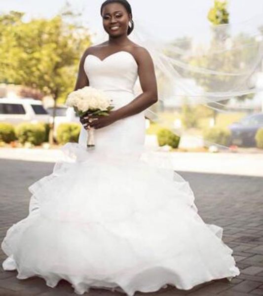 

plus size mermaid wedding dresses african ruffle organza sweetheart bridal gowns sleeveless covered button customize wedding dress p01, White