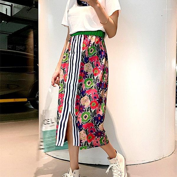 

korea women's skirt new vintage retro floral print waist slim skirts young girl summer spring spliced skirts female falda cc2911, Black