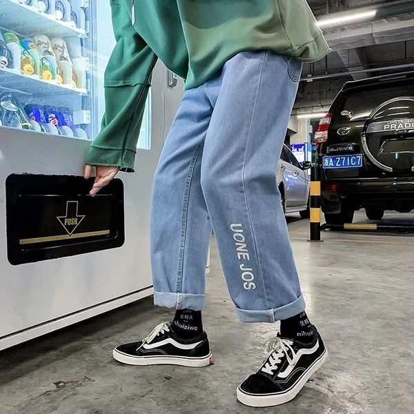 

spring and autumn new jeans men's casual pants korean loose straight leg pants national fashion bottom, Blue