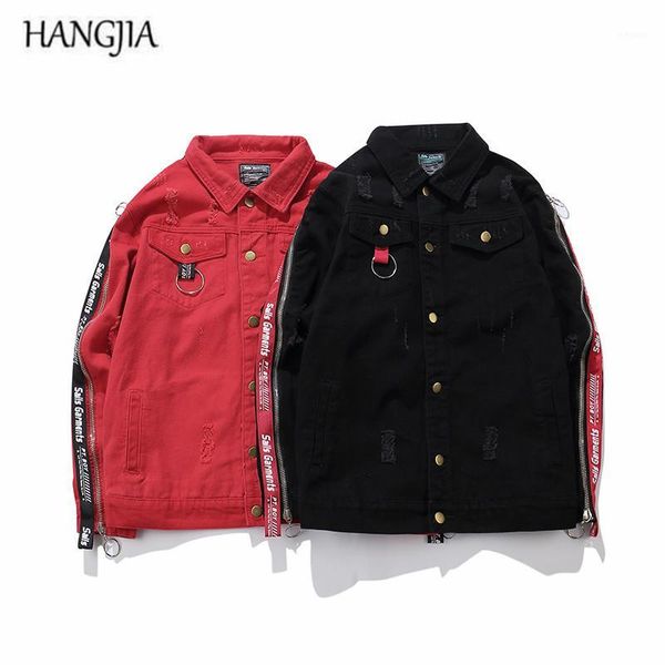 

men 's black/red slim fit denim jacket 2017 tide high street side zippers ribbon design patch holes hip-hop jackets1, Black;brown