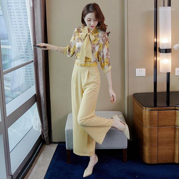 

summer women sets two pieces women shirts and pants asian style slim dress young ladies wide-legged trousers office lady dress1, Gray
