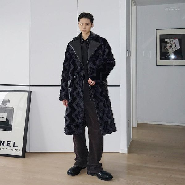 

male streetwear hiphop vintage cloak jacket overcoat men pu leather splice faux fur belt thicken warm long trench coat outerwear1, Tan;black