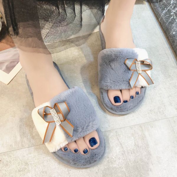 

winter new house women slippers cute bow bedroom ladies flat shoes indoor warm plush furry slippers for women, Black