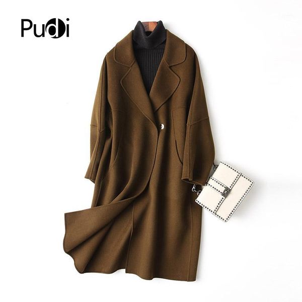 

pudi a37162 2020 women fall/winter new fashion wool solid jacket lady's long style leisure wool coat1, Black