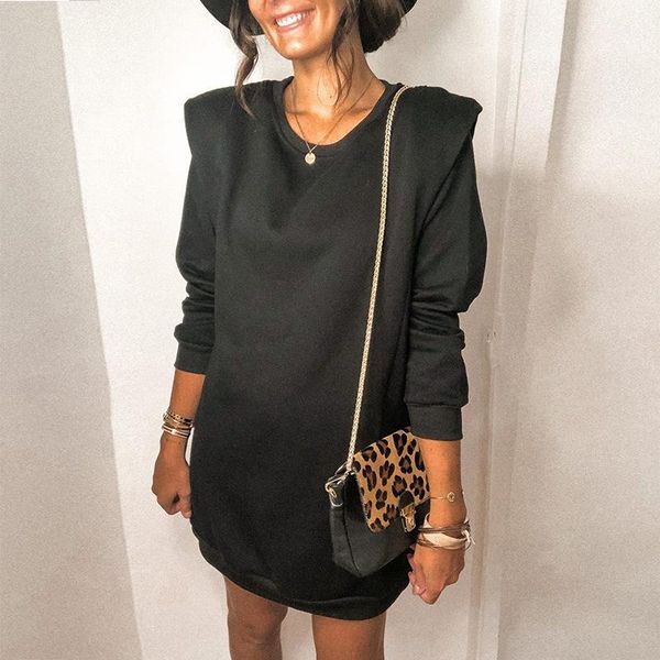 

women autumn solid color pads shoulder mini dress winter casual loose long sleeve crewneck shirt dresses party vestidos1, Black;gray