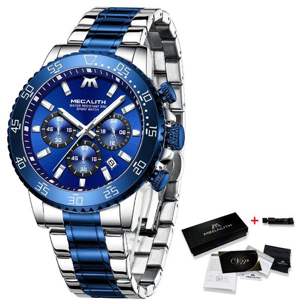 

megalith синий кварцевые часы из нержавеющей стали 2020 мода водонепроницаемый светящийся аналоговый наручные часы для человека хронографа ч, Silver