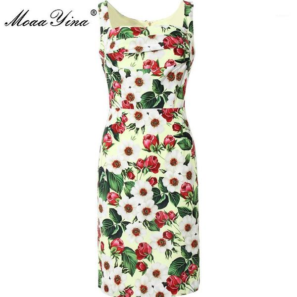 

moaayina fashion designer dress summer women dress sleeveless ruched rose floral-print slim package buttocks dresses1, Black;gray