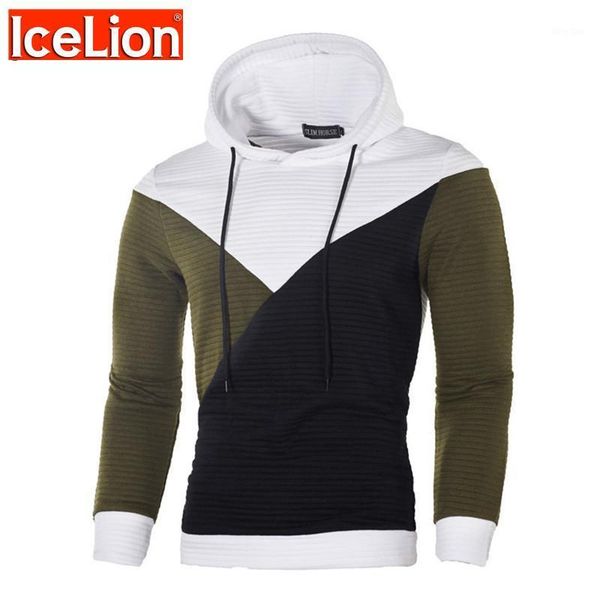 

icelion 2020 autumn hoodies men sweatshirt patchwork slim fit cotton sportswear fashion tracksuit hip hop streetwear pullover1, Black