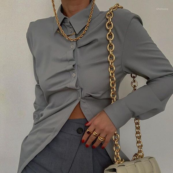 

sheblingbling asymmetric shirts spring autumn ruched detail long sleeve women blouses button front slim fit female casual 1, White