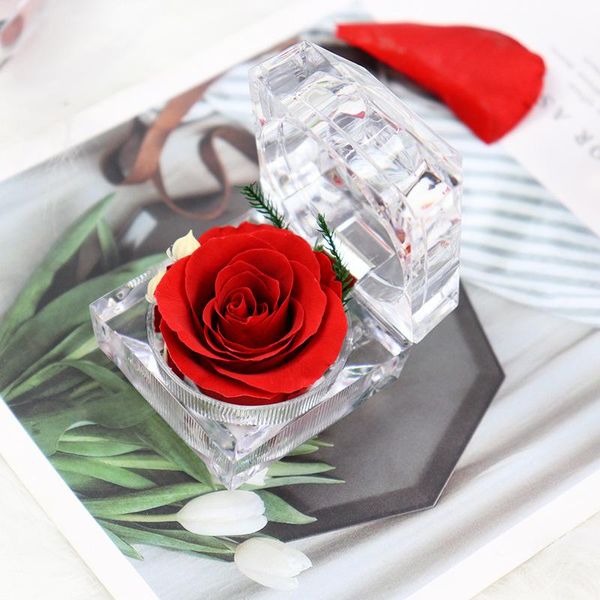 

eternal preserved rose flower acrylic crystal ring box valentine's day gift wedding engagement artificial flowers display holder