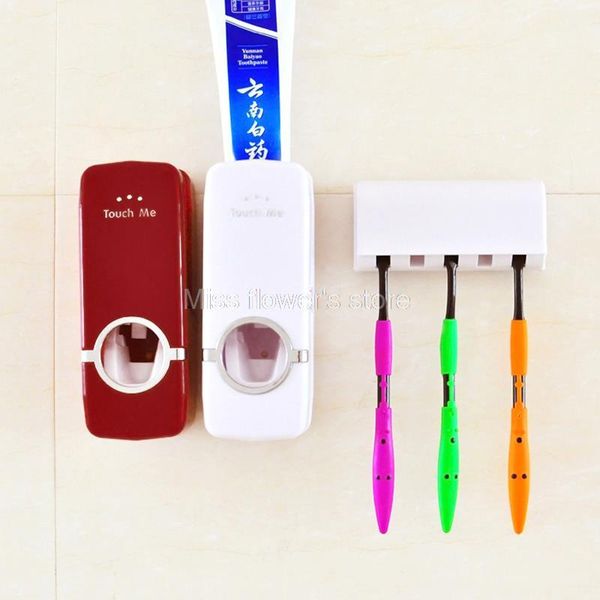 

automatic toothpaste dispenser + 5 toothbrush holder family set wall mount stand bathroom tools