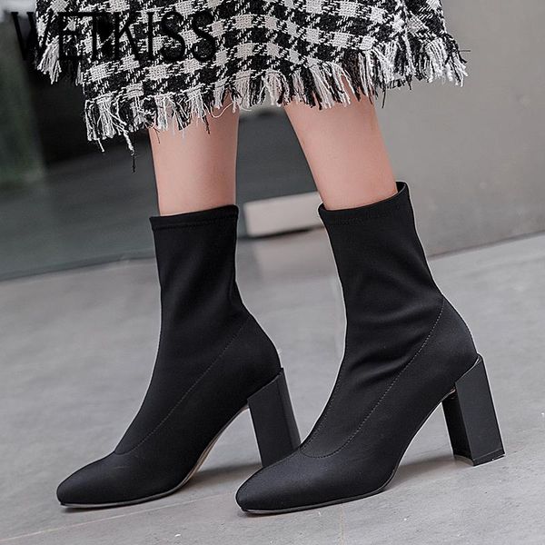 

boots wetkiss stretch women square toe rubber footwear high heesl female boot party sock shoes woman 2021 autumn, Black